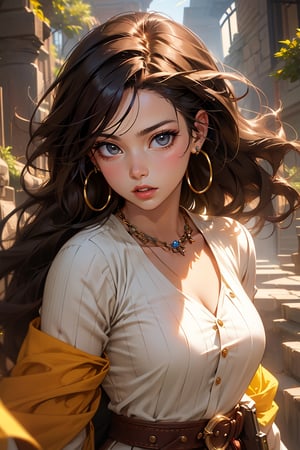 A dashing medieval female warrior, adorned in rugged yet stylish attire, with a confident smirk and fierce gaze that command respect, medieval fantasy. Swashbuckling, brave, wise and beautiful, jewelry, standing, collarbone, white shirt, weapon, earrings, belt, pants, necklace, blurry, lips, gun, landscape, blurry background, hoop earrings, realistic, brown belt. (Cinematic lighting, ethereal light, intricate details, extremely detailed, incredible details, full colored), complex details, hyper maximalist, gorgeous light and shadow, detailed decoration, detailed lines. masterpiece, best quality, HDR, UHD, unreal engine. looking at the camera, fair skin, beautiful face, beautiful eyes, perfect eyes, detailed eyes, beautiful nose,Nature