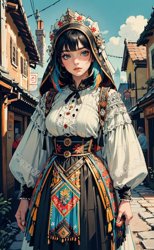 Slavic dress, 1girl, solo, festival, medieval village, medieval square, white shirt, smile, long sleeves, standing, blue eyes,  (extremely detailed, incredible details, full colored), complex details, hyper maximalist, gorgeous light and shadow, detailed decoration, detailed lines. masterpiece, best quality, HDR, UHD, high color contrast, (colorful:1.5),