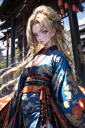1 seductive, mature woman with blonde hair, and blue eyes, with detailed ornate kimono, miniskirt,  Gothic make-up, rebellious.(masterpiece, top quality, best quality, official art, beautiful and aesthetic:1.2), (1girl:1.4), portrait, extreme detailed, (colorful:1.1), highest detailed, (aristocracy:1.1), Kyoto, outdoor,colorful,(anime),niji style