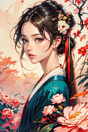 A girl, wearing hanfu, peony garden, butterfly, (negative space:1.4), fusion of art nouveau styles with gongbi painting, gold and white and red hue, Mucha style, (Cinematic lighting, ethereal light, intricate details, extremely detailed, incredible details, full colored), complex details, hyper maximalist, gorgeous light and shadow, detailed decoration, detailed lines. masterpiece, best quality, HDR, UHD, unreal engine. looking at the camera, fair skin, beautiful face,Colors
