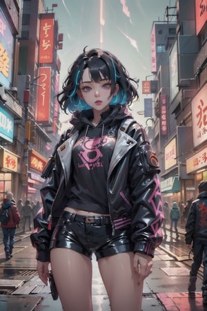 Night city photo, cyberpunk style, a girl wearing black hoodie and leather jacket, standing, urban, cowboy shot, (Cinematic lighting, ethereal light, intricate details, extremely detailed, incredible details, full colored), complex details, hyper maximalist, gorgeous light and shadow, detailed decoration, detailed lines. masterpiece, best quality, HDR, UHD, unreal engine. looking at the camera, fair skin, beautiful face,Cyberpunk