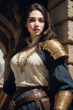 A dashing medieval female warrior, adorned in rugged yet stylish attire, with a confident smirk and fierce gaze that command respect, medieval fantasy. Swashbuckling, brave, wise and beautiful, jewelry, standing, landscape, (Cinematic lighting, ethereal light, intricate details, extremely detailed, incredible details, full colored), complex details, hyper maximalist, gorgeous light and shadow, detailed decoration, detailed lines. masterpiece, best quality, HDR, UHD, unreal engine. looking at the camera, fair skin, beautiful face, beautiful eyes, perfect eyes, detailed eyes, beautiful nose,oil painting,classic painting,mj