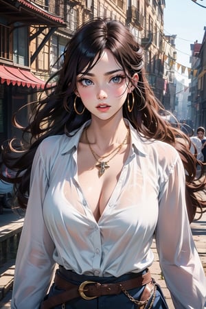 A dashing medieval female warrior, adorned in rugged yet stylish attire, with a confident smirk and fierce gaze that command respect, medieval fantasy. Swashbuckling, brave, wise and beautiful, jewelry, standing, collarbone, white shirt, weapon, earrings, belt, pants, necklace, blurry, lips, gun, landscape, blurry background, hoop earrings, realistic, brown belt. (Cinematic lighting, ethereal light, intricate details, extremely detailed, incredible details, full colored), complex details, hyper maximalist, gorgeous light and shadow, detailed decoration, detailed lines. masterpiece, best quality, HDR, UHD, unreal engine. looking at the camera, fair skin, beautiful face, beautiful eyes, perfect eyes, detailed eyes, beautiful nose,