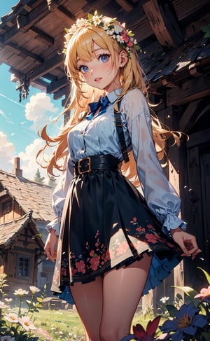1girl, solo, long hair, blonde hair, outdoor, blue sky, grass, flowers field, floral dress, white shirt, smile, long sleeves, standing, blue eyes,  (extremely detailed, incredible details, full colored), complex details, hyper maximalist, gorgeous light and shadow, detailed decoration, detailed lines. masterpiece, best quality, HDR, UHD, high color contrast,Half-timbered Construction