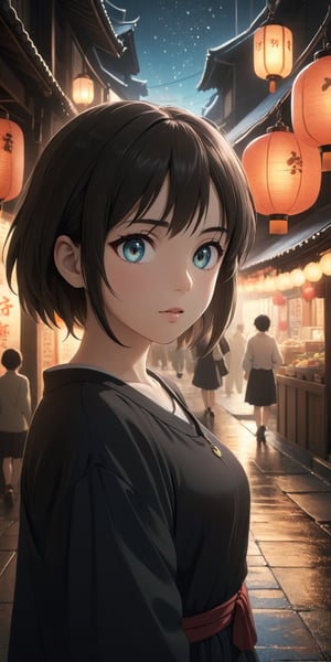 Ghibli anime style, "Spirited Away" style. A girl in a dark night market, with illuminated by warm lights. The whole atmosphere seems mysterious. (Cinematic lighting, ethereal light, intricate details, extremely detailed, incredible details, full colored), complex details, hyper maximalist, gorgeous light and shadow, detailed decoration, detailed lines. masterpiece, best quality, HDR, UHD, unreal engine. looking at the camera, fair skin, beautiful face, (beautiful eyes:1.5), perfect eyes, detailed eyes, beautiful nose, dim tones,StdGBRedmAF,cute,DonMN1gh7XL ,anime,Kyoto animation style,aesthetic portrait