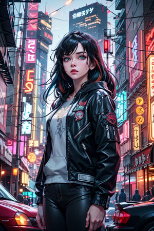 (Night city) photo, cyberpunk style, a girl wearing black hoodie and leather jacket, long hair, straight hair, standing, urban, neon, cowboy shot, (Cinematic lighting, ethereal light, intricate details, extremely detailed, incredible details, full colored), complex details, hyper maximalist, gorgeous light and shadow, detailed decoration, detailed lines. masterpiece, best quality, HDR, UHD, unreal engine. looking at the camera, fair skin, beautiful face,Detailedface
