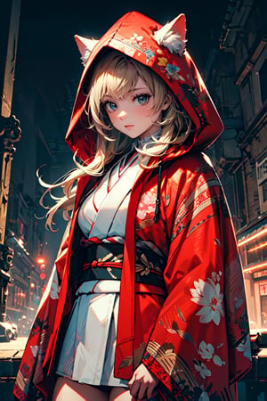 A girl with long blonde hair, fur hooded kimono, red hooded kimono, miniskirt, night streets. (Cinematic lighting, ethereal light, intricate details, extremely detailed, incredible details, full colored), complex details, hyper maximalist, masterpiece, best quality, HDR, UHD, unreal engine. head to thigh,kimono