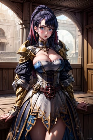 A dashing medieval female warrior, adorned in rugged yet stylish attire, with a confident smirk and fierce gaze that command respect, medieval fantasy. Swashbuckling, brave, wise and beautiful, jewelry, standing, landscape, (Cinematic lighting, ethereal light, intricate details, extremely detailed, incredible details, full colored), complex details, hyper maximalist, gorgeous light and shadow, detailed decoration, detailed lines. masterpiece, best quality, HDR, UHD, unreal engine. looking at the camera, fair skin, beautiful face, beautiful eyes, perfect eyes, detailed eyes, beautiful nose,lofi artstyle,ragnarok_online_rg,more detail 