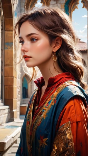 A Byzantine style girl in monastery. (masterpiece, top quality, best quality, official art, beautiful and aesthetic:1.2), (1girl:1.4), portrait, extreme detailed, highest detailed, simple background, 16k, high resolution, perfect dynamic composition, bokeh, (sharp focus:1.2), super wide angle, high angle, high color contrast, medium shot, depth of field, blurry background,,itacstl,3g3Kl0st3rXL