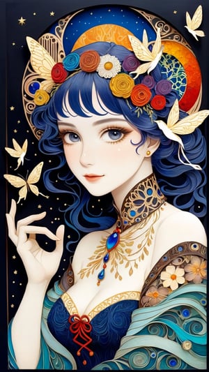 Gustav Klimt and Mucha style, the combination of Grimm's fairy tale and Mulsia style, realistic paintings, ultra-realistic girls with fine textures and rich details of paper sculpture art, depth of three-dimensional sense, colorful, the image has a mysterious, extremely luminous and bright design, soft colors,papercut