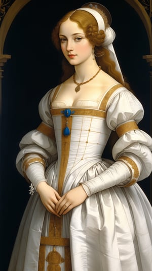 A protrait, resplendent ornate girl, wearing white taffeta dress, by Leonardo da Vinci,more detail XL,art_booster,scenery