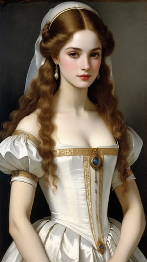 A protrait, resplendent ornate girl, wearing white taffeta dress, by Leonardo da Vinci,more detail XL,art_booster,art by sargent