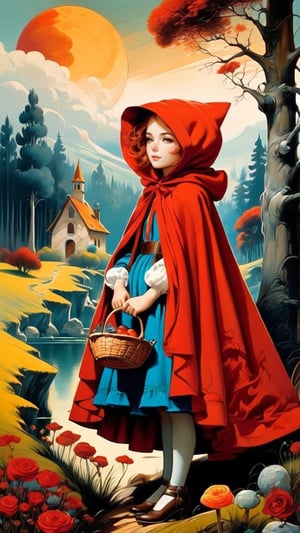 (1 girl:1.2), 'Little Red Riding Hood', Grimm's fairy tale and the Renaissance by Bosch, maximalism luxury and vibrant, daytime, outdoor, landscape, pastel colors, smooth and beautiful lines, art nouveau background, ultra-realistic, fine textures and rich details, colorful,in the style of esao andrews