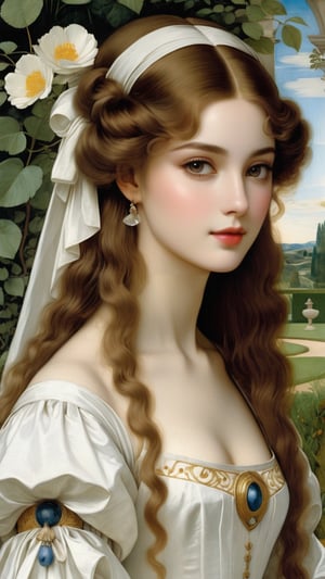 A protrait, resplendent ornate girl in the garden, wearing white taffeta dress, by Leonardo da Vinci,more detail XL,art_booster,art by sargent