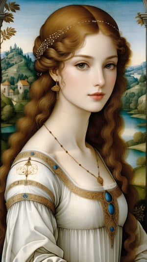 A protrait, resplendent ornate girl, wearing white dress, sparkle velvet, landscape, by Leonardo da Vinci,more detail XL,art_booster