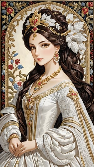A protrait, resplendent ornate girl, wearing white taffeta dress, 