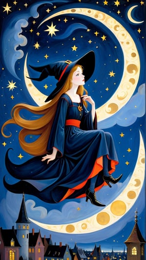 (masterpiece, top quality, best quality, official art, beautiful and aesthetic:1.2), (1girl:1.4), extreme detailed, a witch sitting on a crescent moon through a starry night, captured in the detailed gouache style of Hieronymous Bosch and Klimt,
