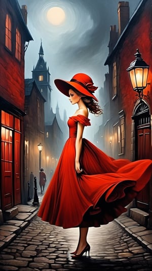 In a cobblestone alley of 18th century London at night, lots of fog, lit by street lamps, a girl walks down the street in red evening dress blown by the wind, a red hat, mysterious atmosphere, (masterpiece, top quality, best quality, official art, beautiful and aesthetic:1.2), (1girl:1.4), portrait, extreme detailed, highest detailed, simple background, 16k, high resolution, perfect dynamic composition, bokeh, (sharp focus:1.2), super wide angle, high angle, high color contrast, medium shot, depth of field, blurry background,potma style, in the style of esao andrews