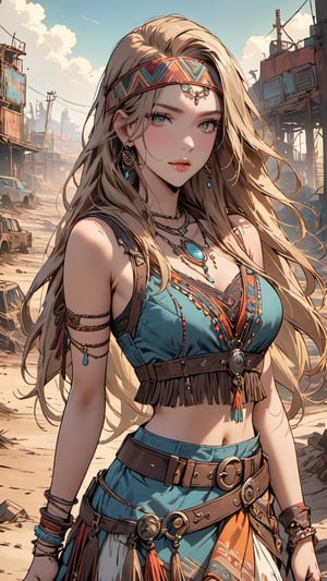 A stunning young woman dressed in Bohemian-style attire, (long straight hair:1.4), adorned with soft fabrics, white lace shirt, ethnic pattern prints layered skirt, bracelets, tassels, headbands, belts, and leather accents, exuding a free-spirited charm. (masterpiece, top quality, best quality, official art, beautiful and aesthetic:1.2), (1girl:1.4), blonde hair, portrait, extreme detailed, highest detailed, depth of field. full body shot, layered jewelry, headscarve, wasteland style,Comic Book-Style 2d