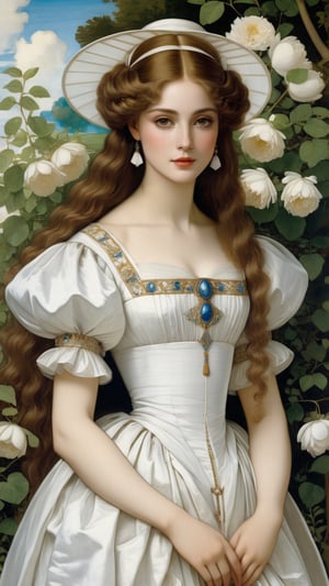 A protrait, resplendent ornate girl in the garden, wearing white taffeta dress, by Leonardo da Vinci,more detail XL,art_booster,art by sargent