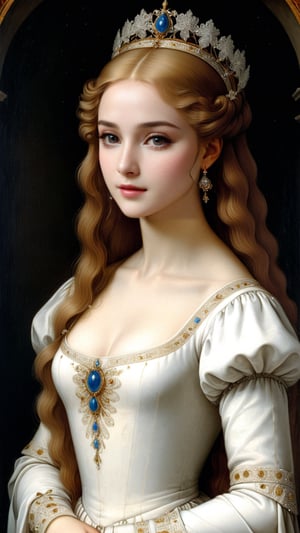 A resplendent ornate girl, wearing white dress, sparkle velvet, protrait, oil painting, by Leonardo da Vinci,more detail XL
