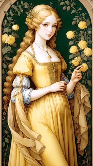 A protrait, resplendent ornate girl in the garden, wearing light yellow flowing dress, by Leonardo da Vinci