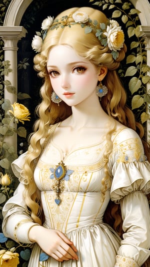 A protrait, resplendent ornate girl in the garden, wearing light yellow and white flowing dress, by Leonardo da Vinci,