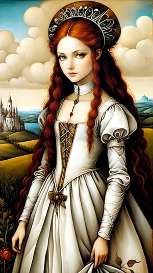 A protrait, resplendent ornate girl, wearing white taffeta dress, landscape, by Leonardo da Vinci, in the style of esao andrews,more detail XL