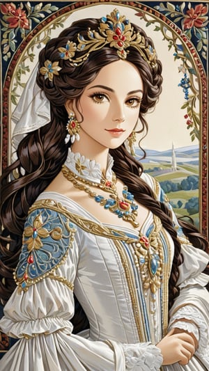 A protrait, resplendent ornate girl, wearing white taffeta dress, 
