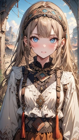 A stunning young woman dressed in Bohemian-style attire, (long straight hair:1.4), adorned with soft fabrics, white lace shirt, ethnic pattern prints layered skirt, bracelets, tassels, headbands, belts, and leather accents, exuding a free-spirited charm. (masterpiece, top quality, best quality, official art, beautiful and aesthetic:1.2), (1girl:1.4), blonde hair, portrait, extreme detailed, highest detailed, depth of field. full body shot, layered jewelry, headscarve, wasteland style,emo