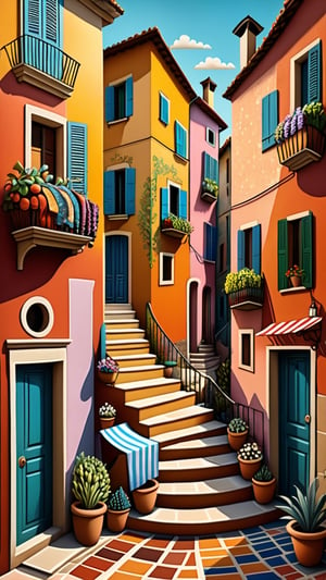 A view of an Italian street corner. A whimsical folk art, surreal naive art style illustration, whimsical scene, swirling patterns of (houses, steps and drying clothes), fractal elements within the patchwork gardens, aesthetic touches, ultrafine detail.