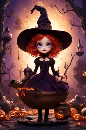 A witch. Digital painting, ultra-detailed, cinematic, masterpiece, beautiful and aesthetic, vibrant color, exquisite details and textures, Warm tone, ultra realistic illustration, (cute girl, 3year old:1.5), cute eyes, big eyes, (a sullen look:1.2), 16K, (HDR:1.4), high contrast, bokeh:1.2, lens flare, siena natural ratio, children's (1girl, whimsical cute young witch, full body shot, red lips, smokey makeup, ral-vltne, elaborate witch outfit, elaborate witch hat, dress of vibrant colors, golds, reds, purples, lace up victorian boots on her feet. cats, potions, cauldron, elaborate witch lair, unreal, mystical, luminous, surreal, high resolution, sharp details, in 8k resolution), ultra hd, realistic, vivid colors, highly detailed, UHD drawing, perfect composition, beautiful detailed intricate insanely detailed octane render trending on artstation, 8k artistic photography, photorealistic concept art, soft natural volumetric cinematic perfect light, .chibi,Tim Burton Style,