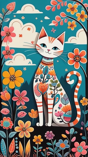 A cute cat with long legs, flowers, clouds, trees, in the style of Edward Tingatinga, in a whimsical folk art style with vivid colors,Xxmix_Catecat