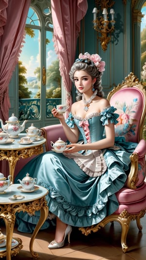 A girl enjoying afternoon tea in a Rococo setting, surrounded by ornate furniture and delicate teacups, by Francois Boucher, outdoor, landscape, (masterpiece, top quality, best quality, official art, beautiful and aesthetic:1.2),  extreme detailed, highest detailed, subject focused, 16k, high resolution, sharp focus, high color contrast, (fractal art:1.3), (colorful:1.5), (aristocracy:1.5),