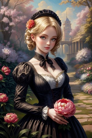 A girl in the Victorian era, promenade attire, peony garden, outdoor, (masterpiece, top quality, best quality, official art, beautiful and aesthetic:1.2), (1girl:1.4), vivid color, colorful, blonde hair, extreme detailed, highest detailed,oil painting,masterpiece,classic painting,