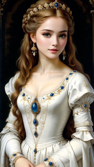 A protrait, resplendent ornate girl, wearing white dress, sparkle velvet, oil painting, by Leonardo da Vinci,