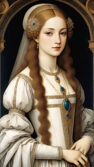 A protrait, resplendent ornate girl, wearing white dress, sparkle velvet, by Leonardo da Vinci,