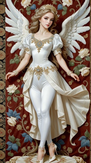 A resplendent ornate female angel, wearing white taffeta and high heel shoes, tapestry background, by James C Christensen , 
