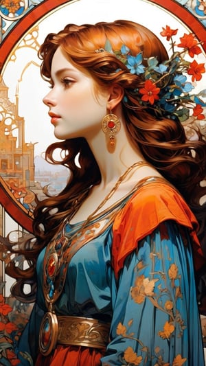 (Byzantine Heads: brunette) by Mucha: a brunette hair girl, portrayed in profile, delicately rendered but majestically scaled jewelry, long hair, red hair ornament, jewelry,  earrings, hair flower. (masterpiece, top quality, best quality, official art, beautiful and aesthetic:1.2), (1girl:1.4), portrait, extreme detailed, highest detailed, simple background, 16k, high resolution, perfect dynamic composition, bokeh, (sharp focus:1.2), super wide angle, high angle, high color contrast, medium shot, depth of field, blurry background, in the style of esao andrews,3g3Kl0st3rXL