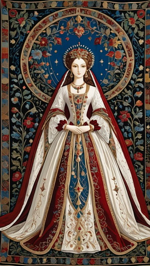A tapestry, resplendent ornate girl, wearing white taffeta dress, by Leonardo da Vinci,Renaissance Sci-Fi Fantasy