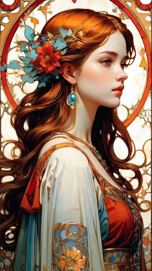 (Byzantine Heads: brunette) by Mucha: a brunette hair girl, portrayed in profile, portrait, delicately rendered but majestically scaled jewelry hair ornament, long hair, red hair ornament, jewelry, earrings. white dress, (masterpiece, top quality, best quality, official art, beautiful and aesthetic:1.2), (1girl:1.4), portrait, extreme detailed, highest detailed, simple background, 16k, high resolution, perfect dynamic composition, bokeh, (sharp focus:1.2), super wide angle, high angle, high color contrast, medium shot, depth of field, blurry background, in the style of esao andrews,3g3Kl0st3rXL