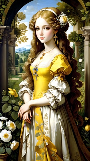 A protrait, resplendent ornate girl in the garden, wearing yellow and white flowing dress, by Leonardo da Vinci,scenery