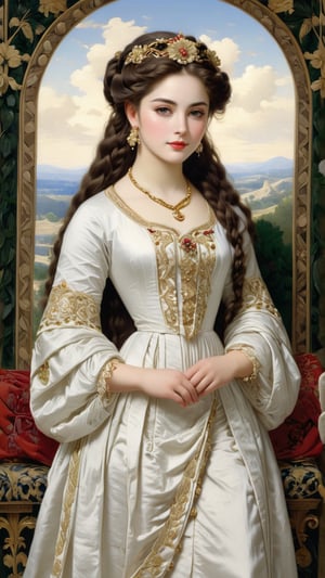 A protrait, resplendent ornate girl, wearing white taffeta dress, by Bouguereau