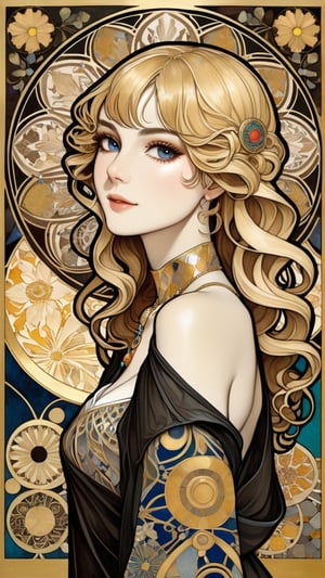 A beautiful girl, blonde hair, dynamic character, detailed exquisite face, bold high quality, high contrast, patchwork, vibrant colors, looking at viewer, intricate gold patterns, swirling motifs, (Gustav Klimt and Mucha and Caravaggio style artwork),art_booster,art nouveau