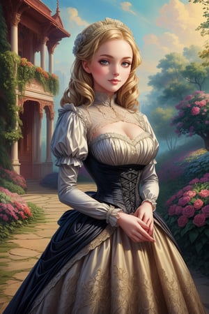 A girl in the Victorian era, promenade attire, garden, outdoor, (masterpiece, top quality, best quality, official art, beautiful and aesthetic:1.2), (1girl:1.4), vivid color, colorful, blonde hair, extreme detailed, highest detailed,
