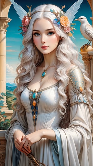 (1 girl:1.2), white witch, fairy tale and the Renaissance by Leonardo da Vinci, maximalism luxury and vibrant, outdoor, landscape, pastel colors, smooth and beautiful lines, ultra-realistic, fine textures and rich details, colorful,