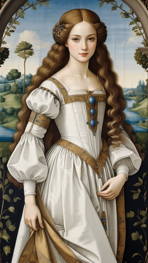A tapestry, resplendent ornate girl, wearing white taffeta dress, by Leonardo da Vinci,more detail XL,art_booster