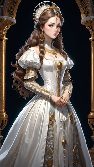 A protrait, resplendent ornate girl, wearing white taffeta dress, by Leonardo da Vinci,Renaissance Sci-Fi Fantasy