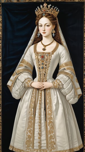 A protrait, resplendent ornate girl, wearing white taffeta dress, by Leonardo da Vinci,more detail XL
