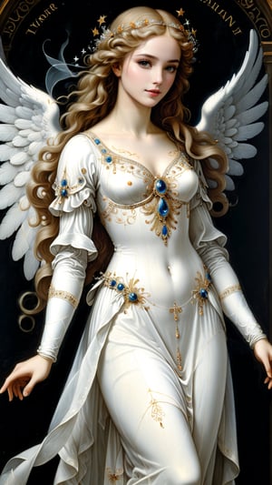 A resplendent ornate female angel, wearing white dress, sparkle velvet, oil painting, by Leonardo da Vinci,more detail XL